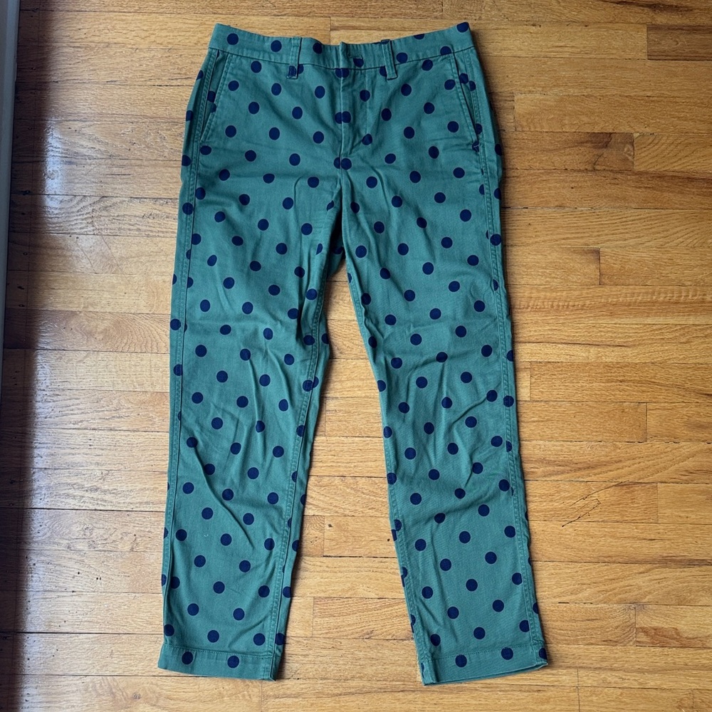 J. Crew Green Chino with Navy Polka Dots